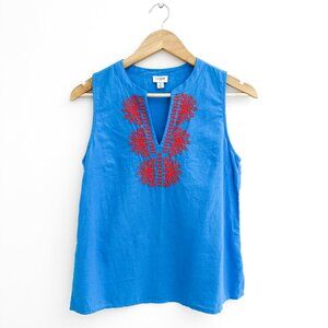 J Crew Linen Cotton Embroidered Tank Top Blue Size 2 Sleeveless Summer Blouse